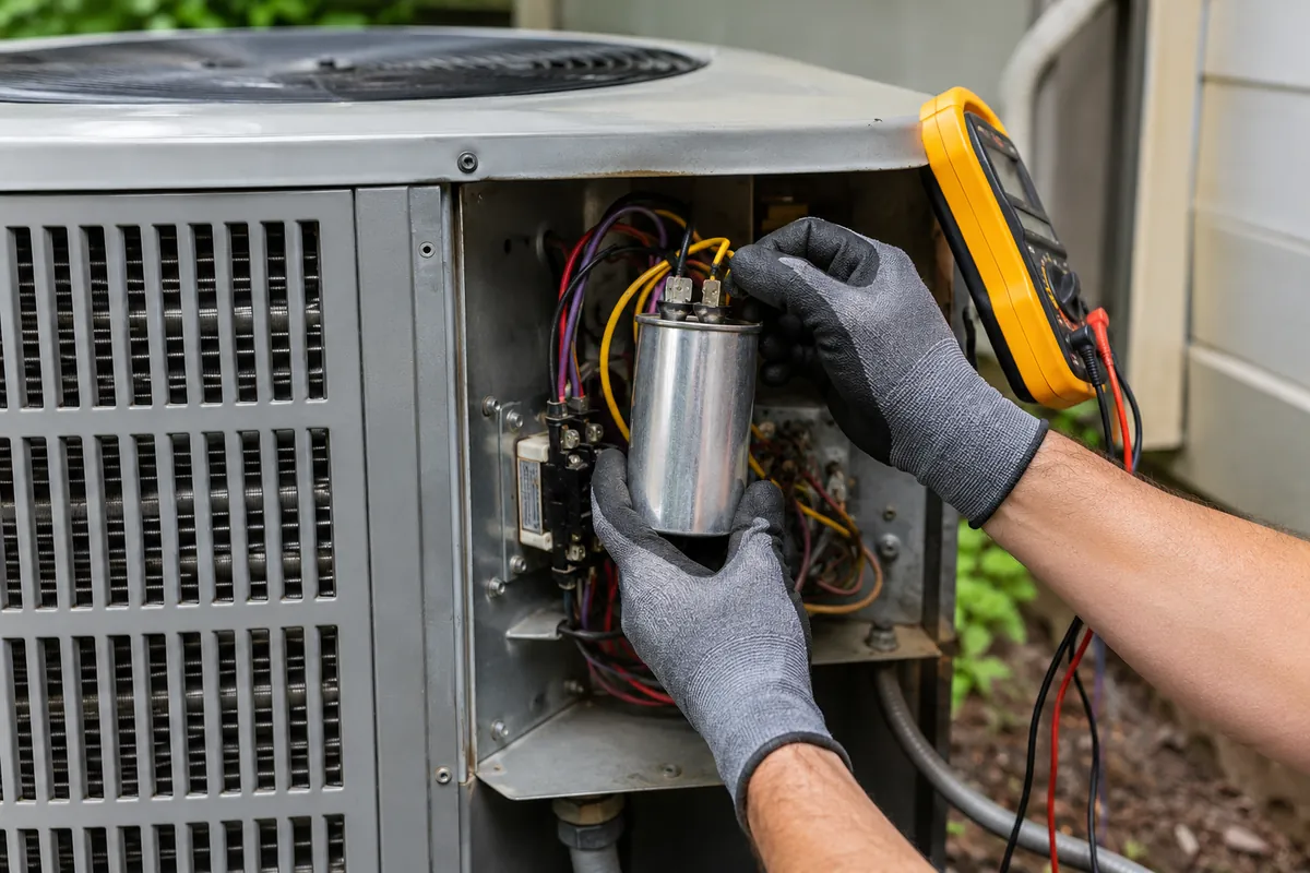 A technician replaces a run capacitor inside the access panel of an outdoor AC unit