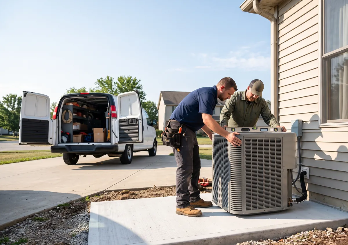 Two installers set a new AC condenser onto a concrete pad beside a house
