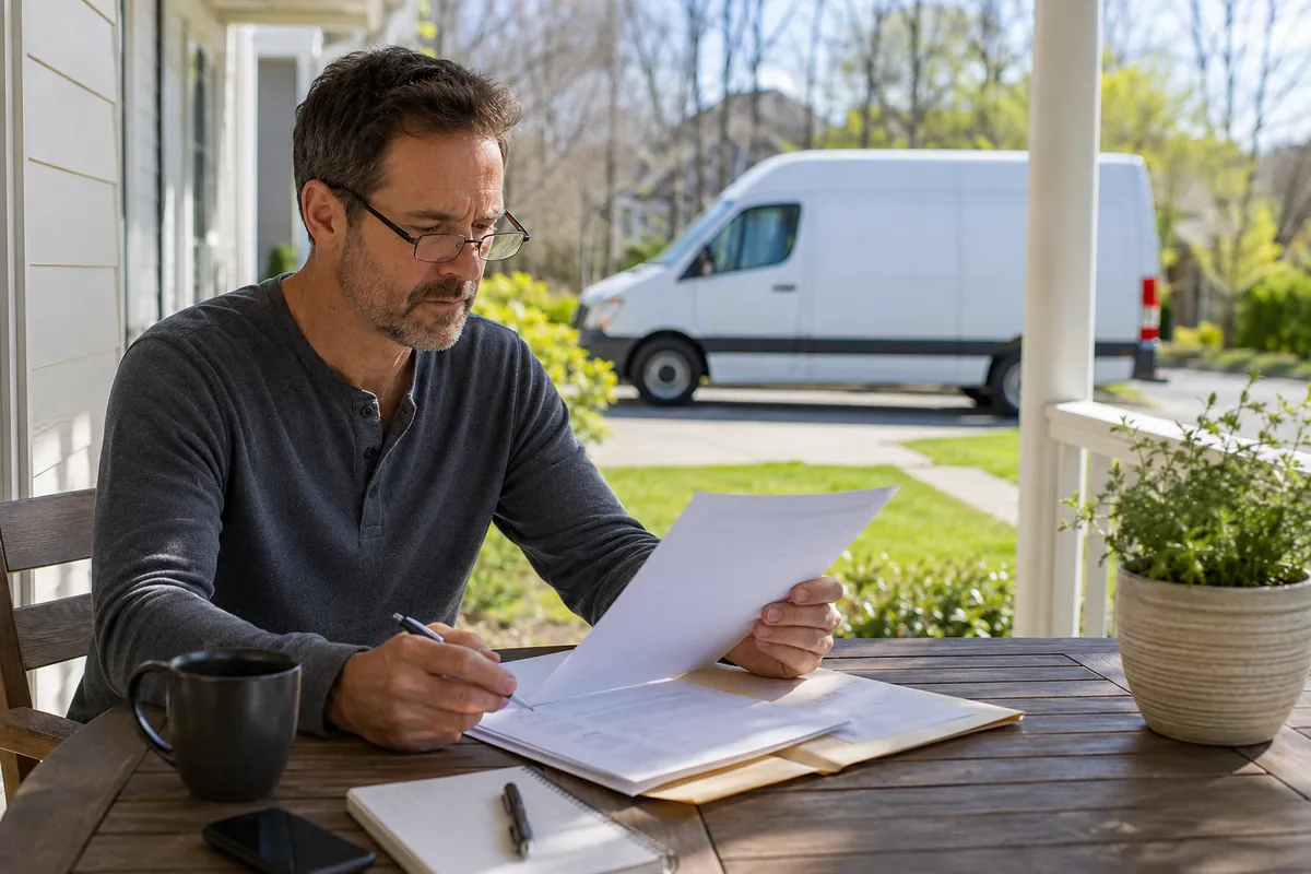 A homeowner reviews a home warranty renewal packet at a porch table with a service van in the driveway