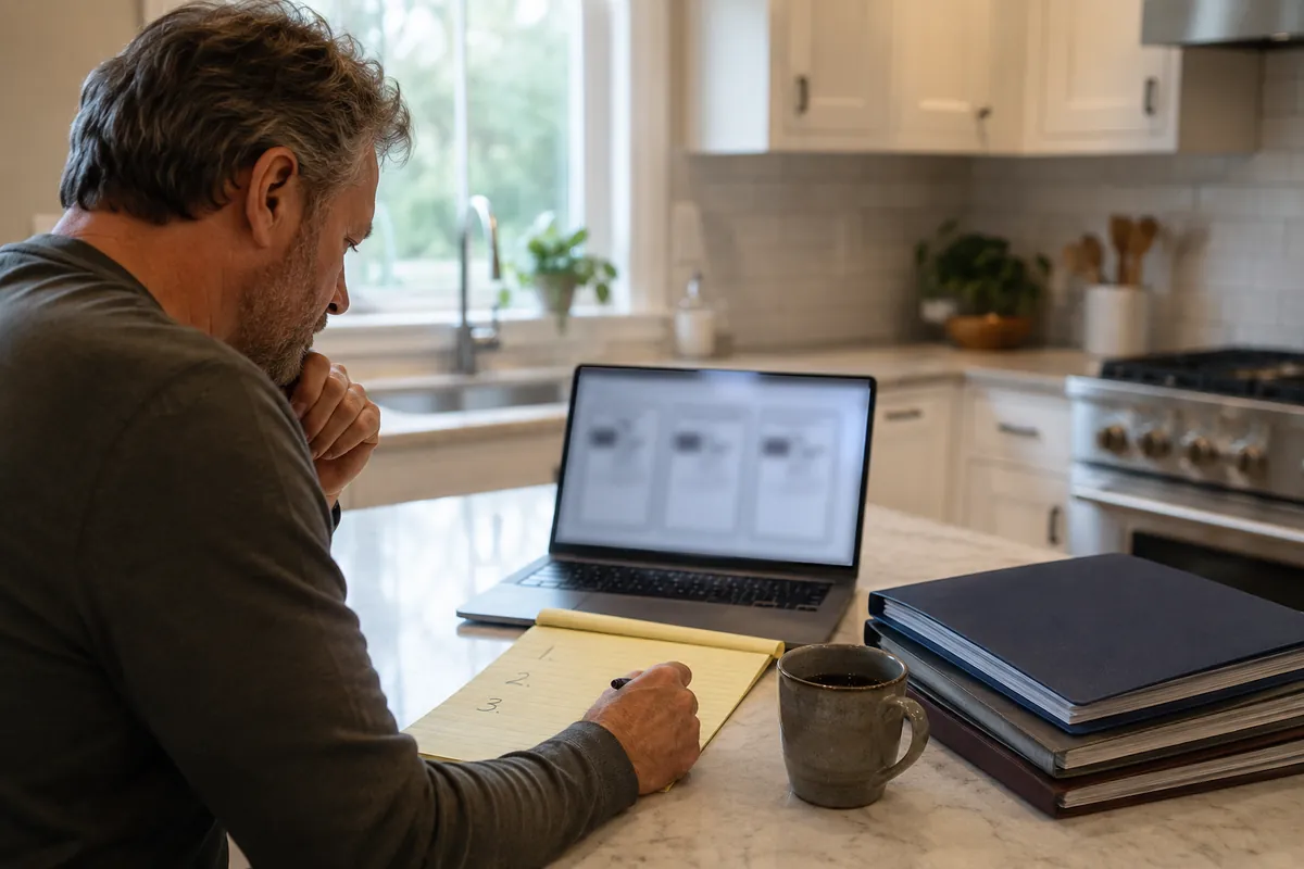 A homeowner studies a ranked shortlist beside a laptop and a stack of provider folders