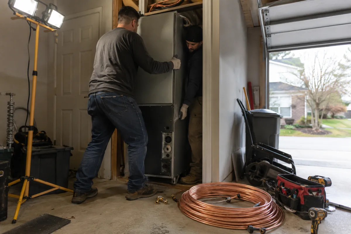 Two installers guide an indoor air handler into a garage utility closet during a central AC install
