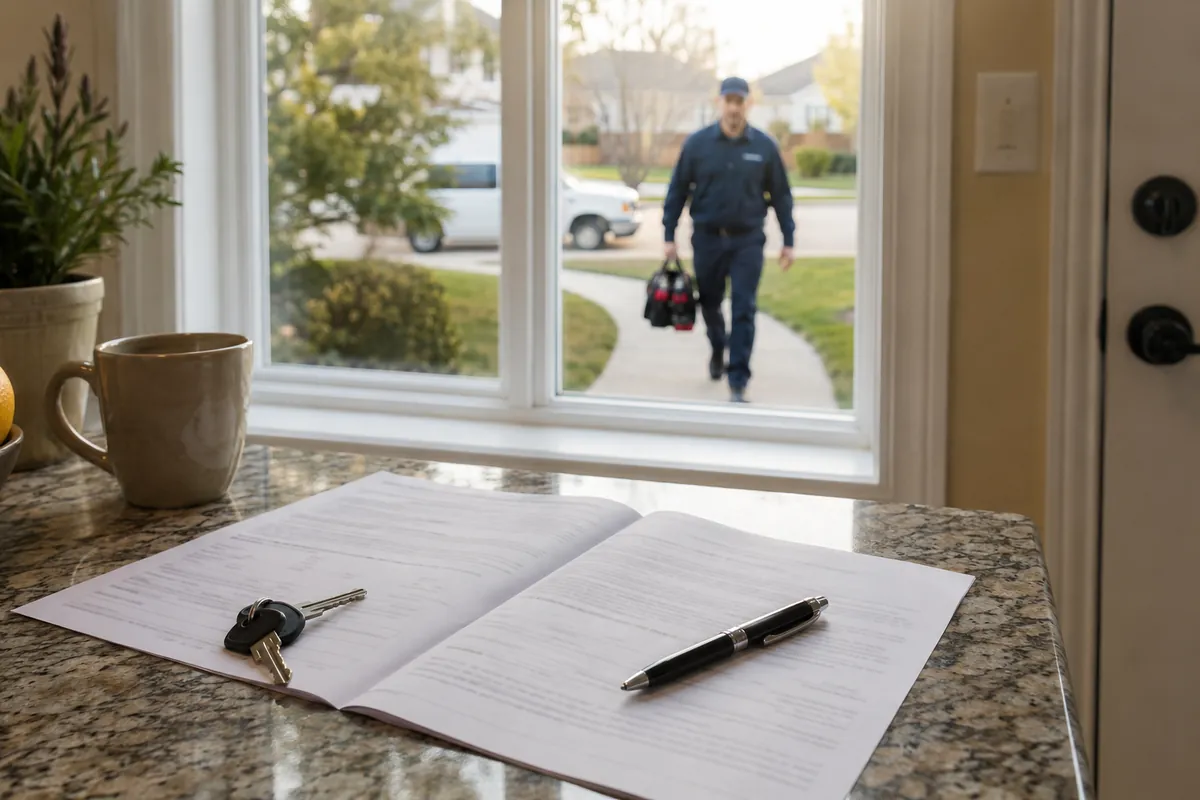 A service contract with a house key on the counter as a technician walks up the front path outside