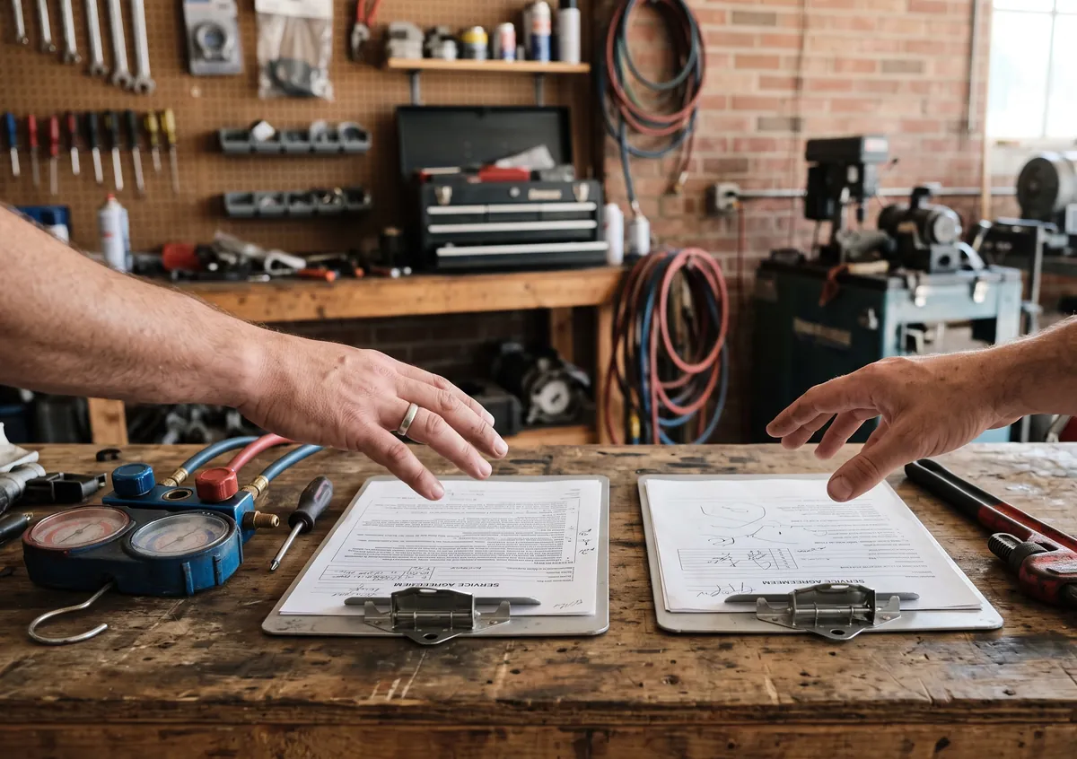 Two service agreement clipboards side by side on a workbench with an AC gauge set and a pipe wrench