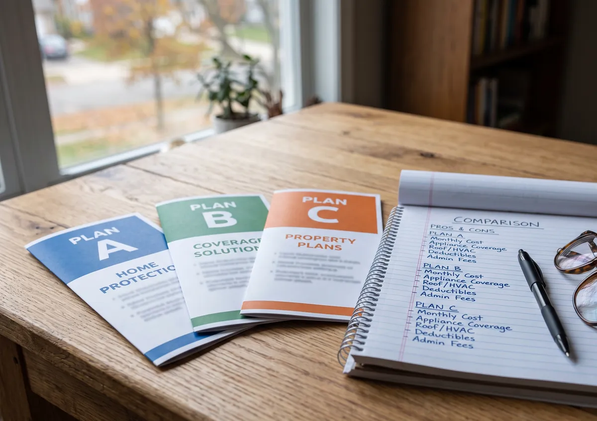 Three home warranty brochure packets fanned on a desk beside a handwritten pros and cons list