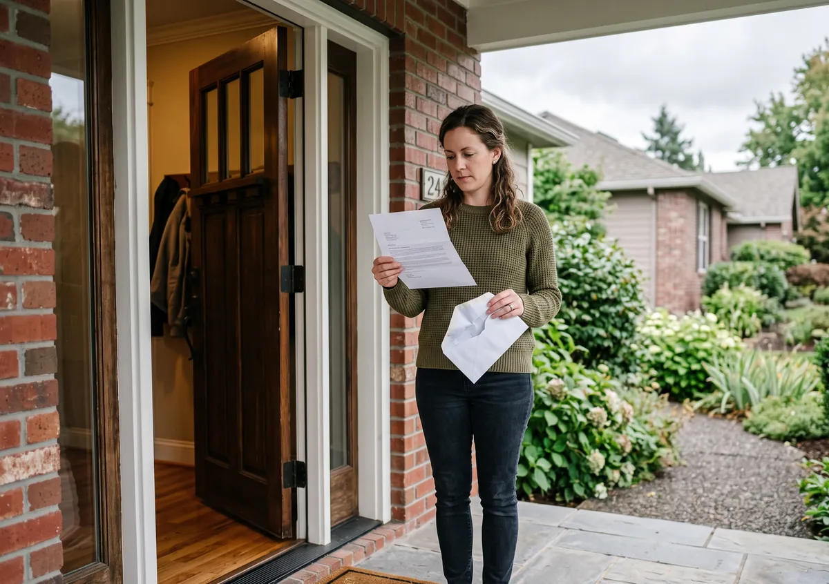A homeowner at the front door reads a formal claim decision letter