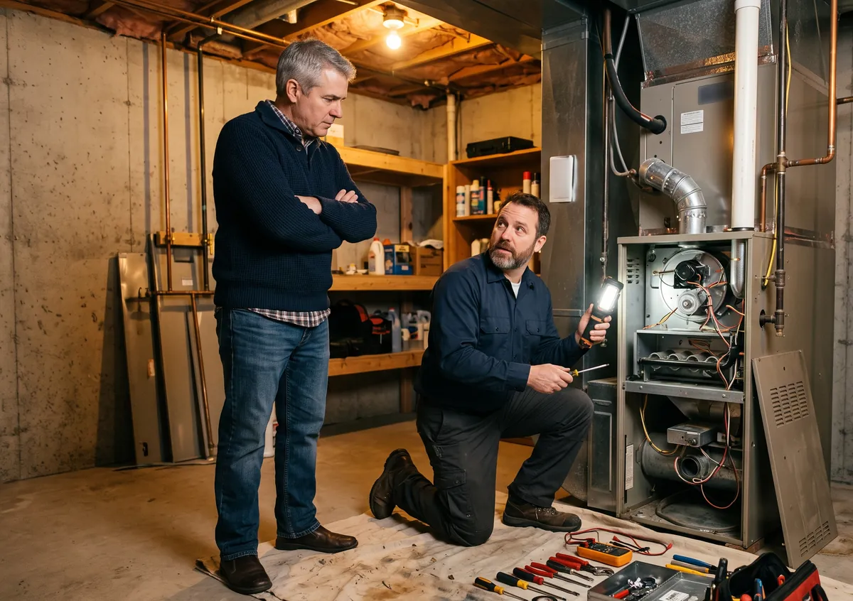 A technician inspects an open furnace with a work light while the homeowner listens to the diagnosis
