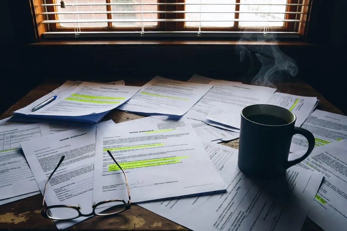 A kitchen table covered with home warranty contracts and highlighted denial letters